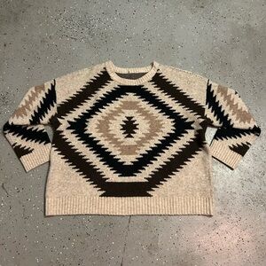 Cream and Brown Crewneck Sweater with Geometric Design